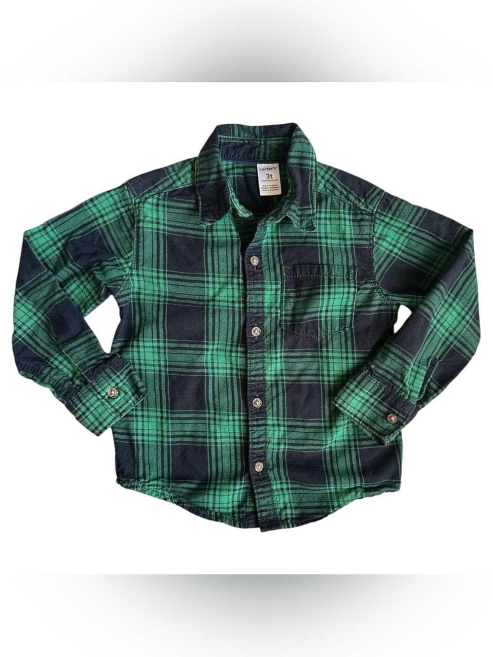 Carter's 3T Boys green black plaid button down long woven shirt